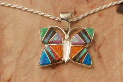 Calvin Begay Fire and Ice Opal Sterling Silver Butterfly Pendant